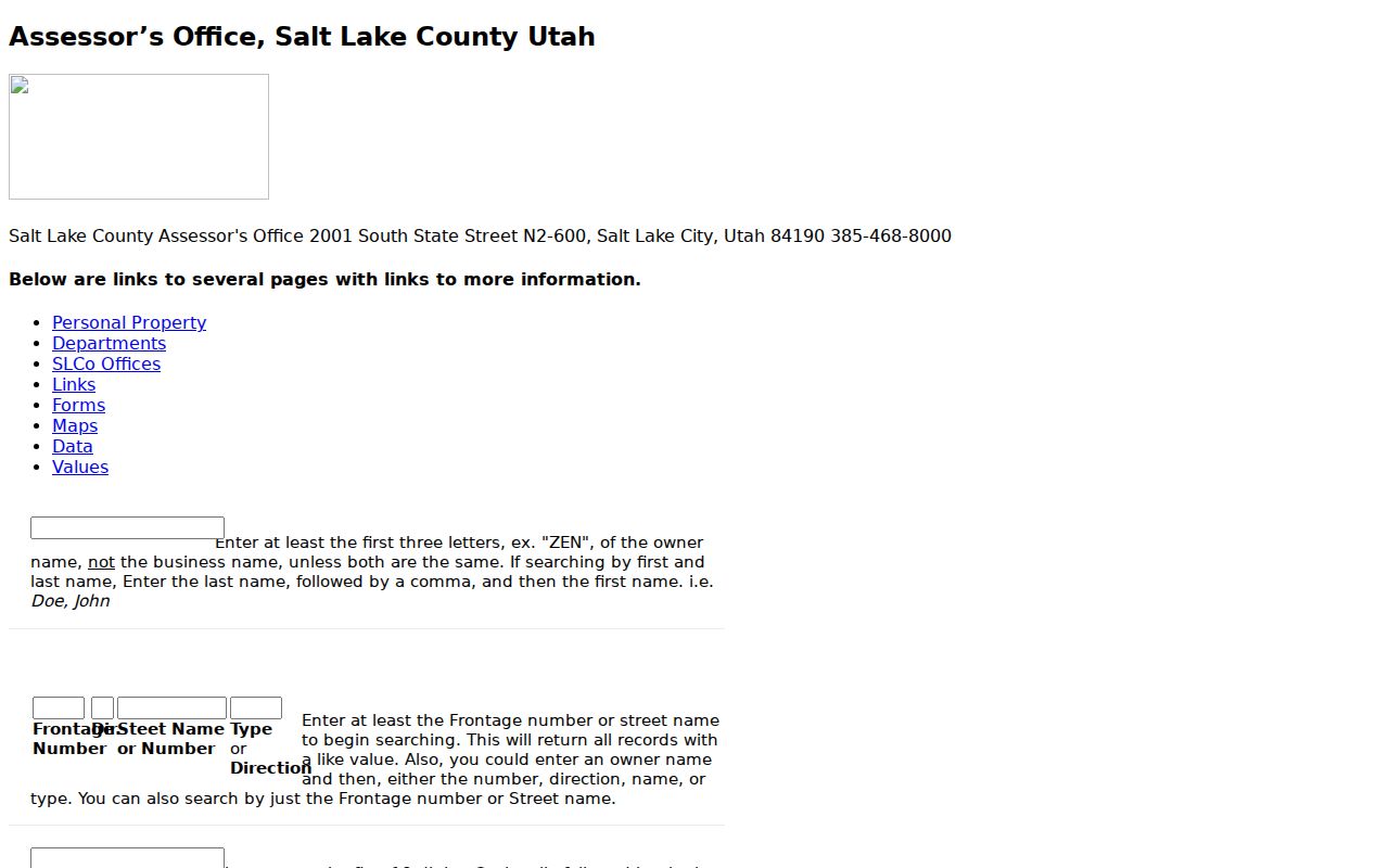South Jordan people search fields in the Salt Lake County Assessor portal
